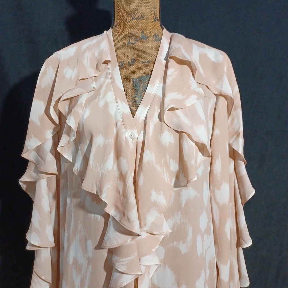 Chico's Top Black Label Blouse Peach‎ White Ruffle Long Sl Festive Party Work